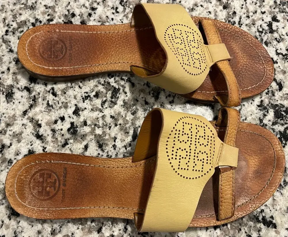 TORY BURCH Tan Leather Signature Perforated Logo Pebble Accent Flat Slides Sz 7